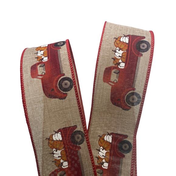 2.5 Inch Fall Harvest Ribbon - Red Truck with Pumpkins Burlap Wired Ribbon - Picture 3 of 3